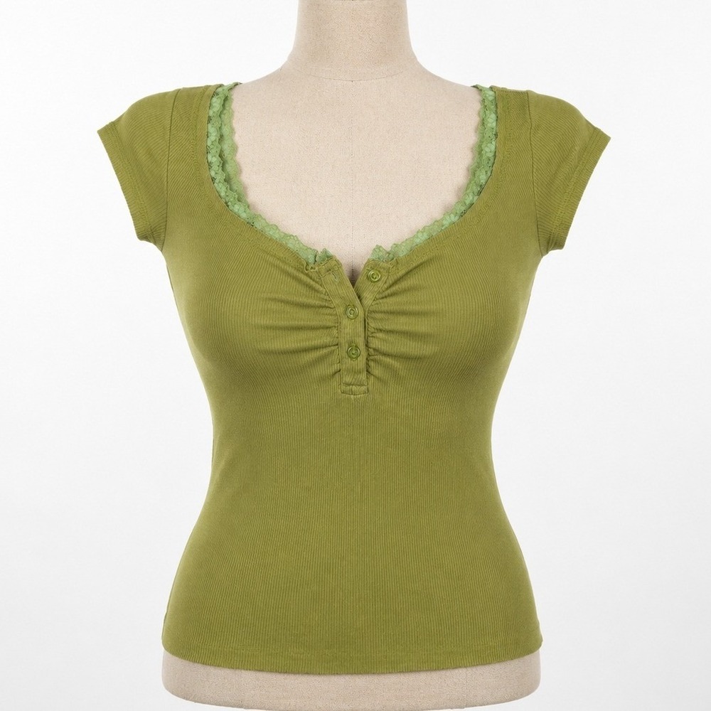 Vintage Y2K Lace Trim Henley Top Size S Green Ribbed Stretch Preppy Bella Elana